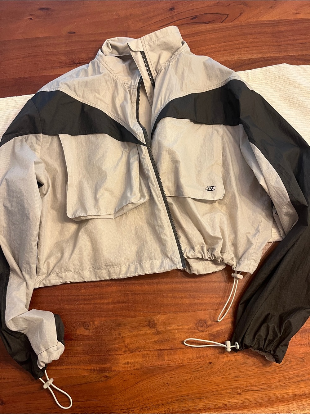 Particle Fever Cropped Light Gray and Black Colorblock Bomber Jacket